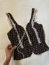 70s black calico lace up camisole blouse 