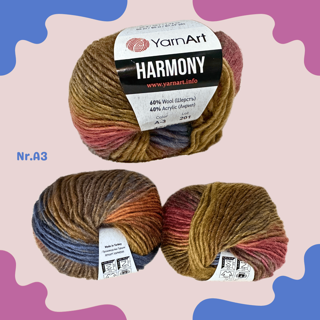 YarnArt Harmony wool blend roving yarn, Multi A-7, lot of 2, (87 yds each)