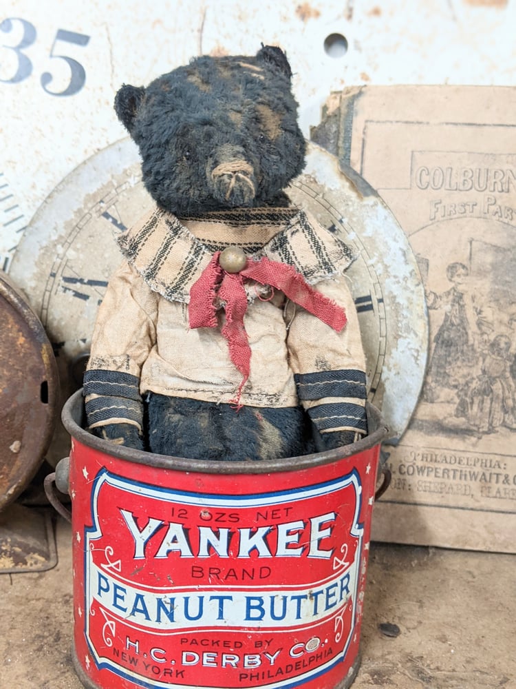 Image of 7" - old worn distressed BLACK grizzly bear in handmade sailor outfit by whendi's bears