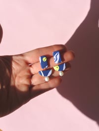 Image 4 of Botanical Mini Statement Earrings | Handmade with Pearls - Blue Lilac Wattle Print