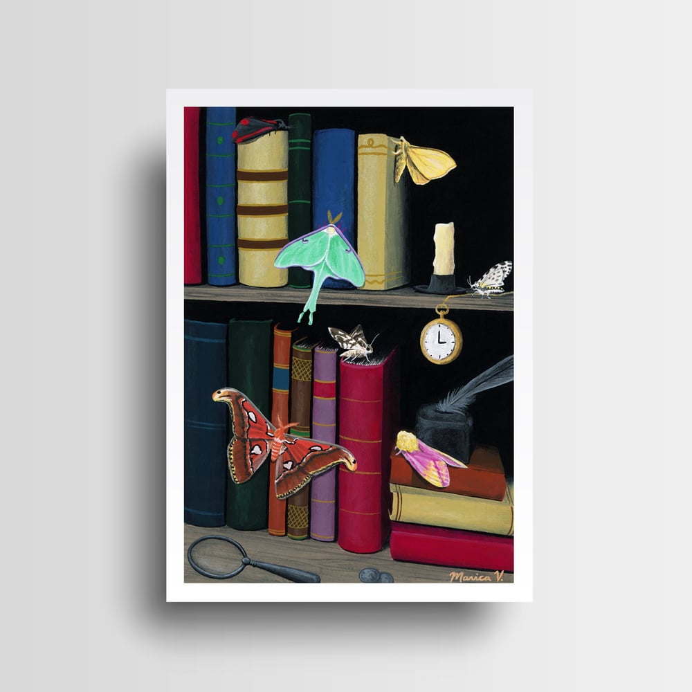 "Moth Bitten Library" Hand-Embellished Postcard Print