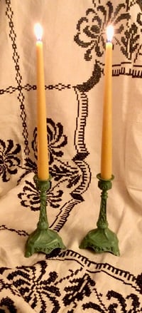 Image 1 of Vintage Metal Jade Enameled Candleholders