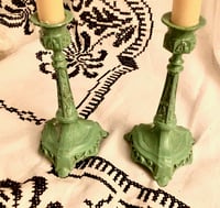 Image 2 of Vintage Metal Jade Enameled Candleholders