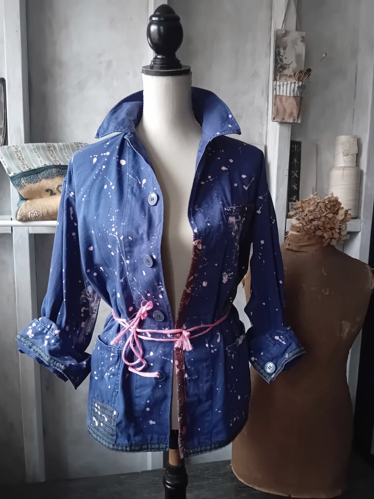 Image of 1940's French Chore Jacket Blue Vintage Pink Splatter Painted Patched Mended UK 10