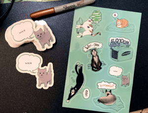 Image of "The Cat Says Meow" and "Wee" stickers