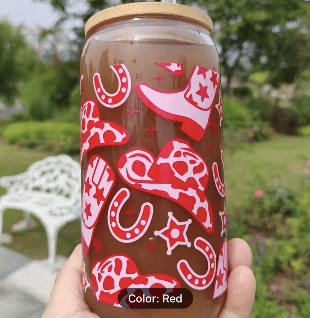 Image of Cowgirl glass tumbler with lid n straw