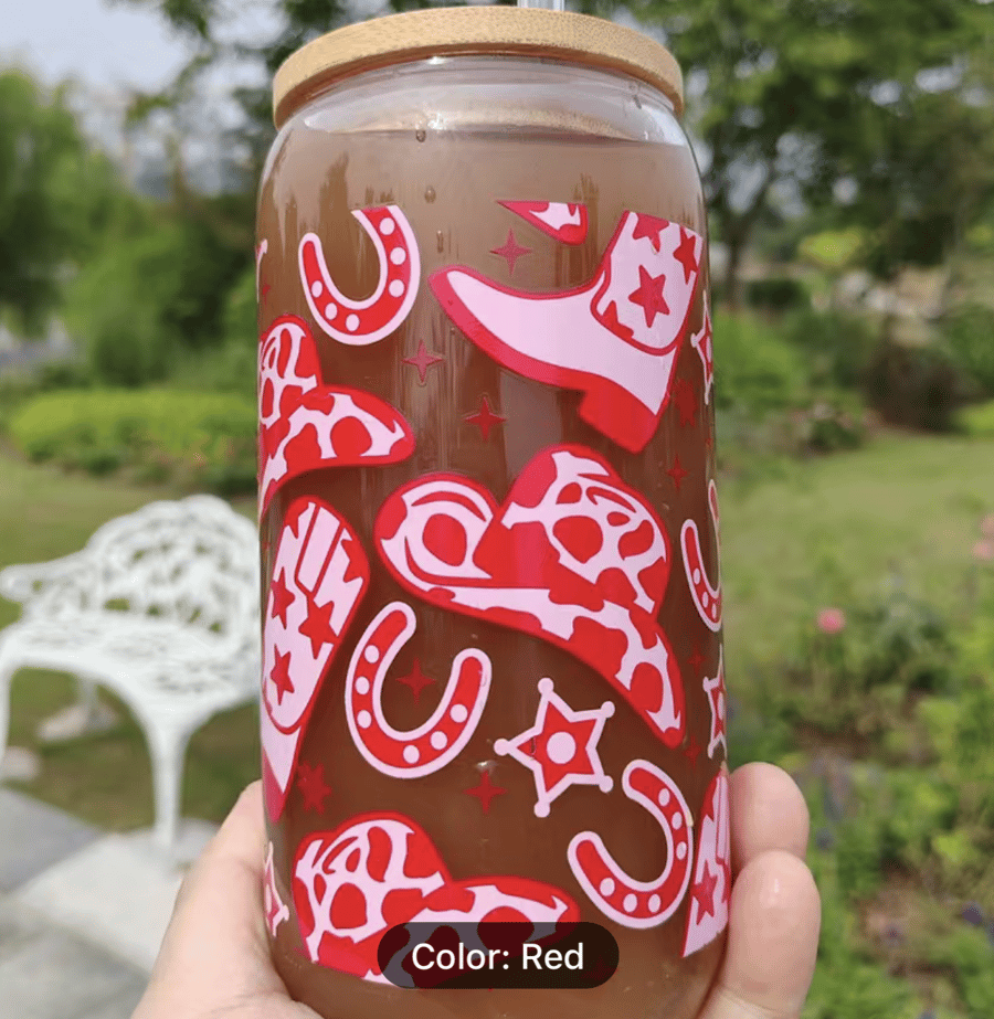 Image of Cowgirl glass tumbler with lid n straw