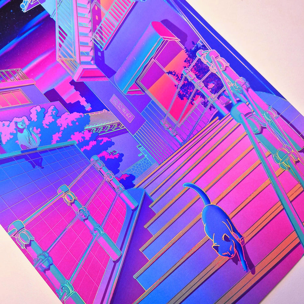 Image of Nightfall in Nekocity - A4 HOLOGRAPHIC PRINT