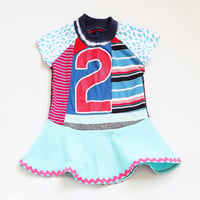 Image 2 of patchwork ricrac blue red courtneycourtney two 2T 2 second 2nd birthday bday short sleeve dress