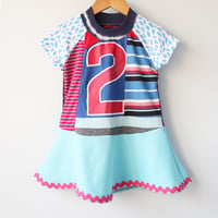 Image 1 of patchwork ricrac blue red courtneycourtney two 2T 2 second 2nd birthday bday short sleeve dress