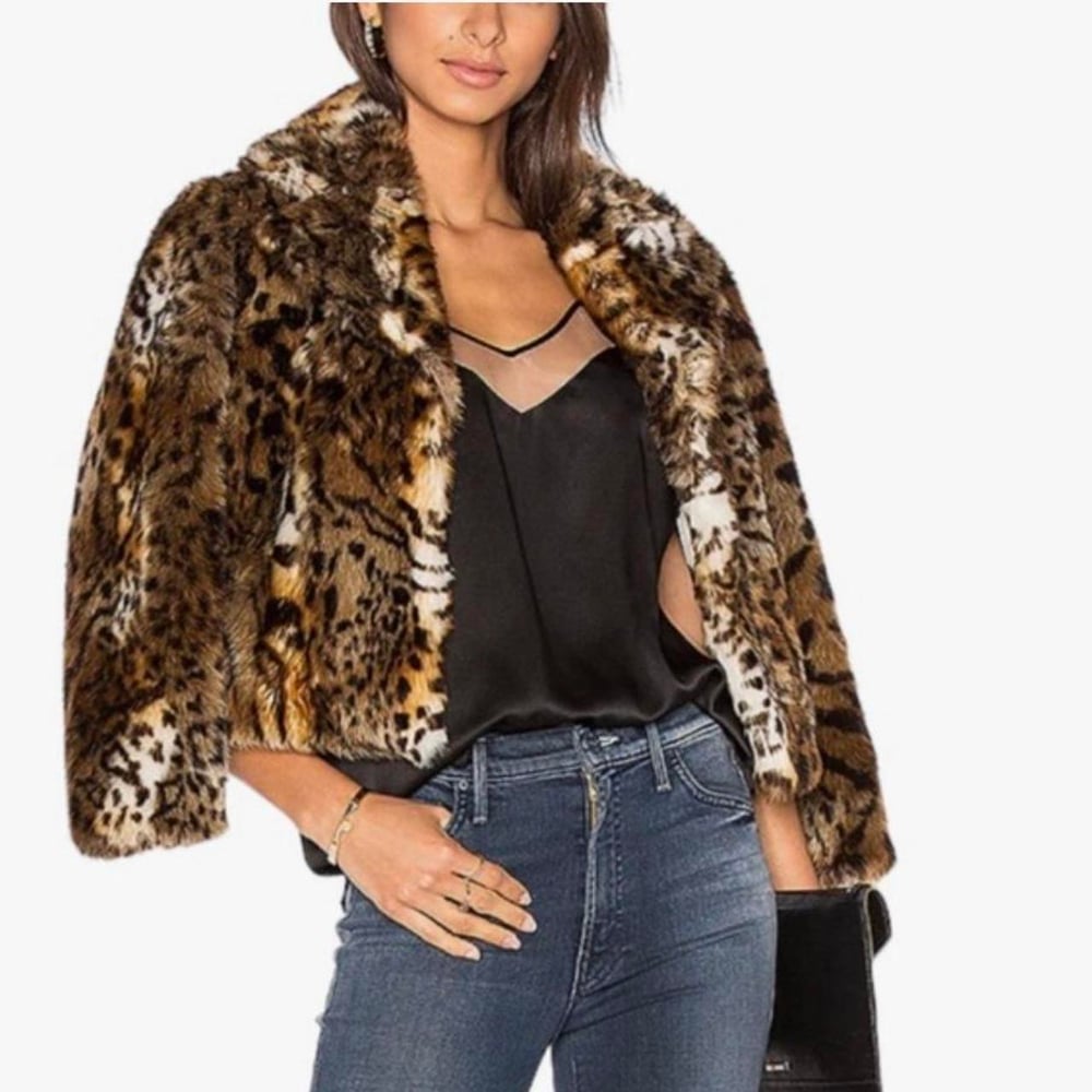Image of MOTHER leopard crop boxy faux fur jacket 