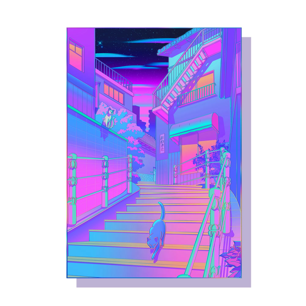 Image of Nightfall in Nekocity - A4 HOLOGRAPHIC PRINT