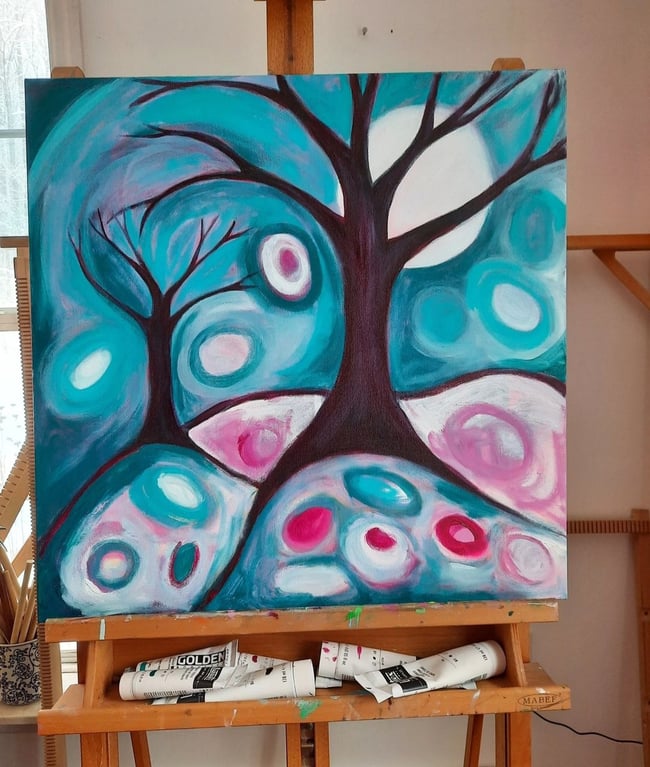 Moonlight on the fresh fallen snow. Original canvas painting