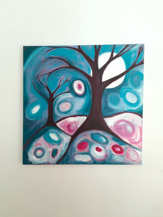 Moonlight on the fresh fallen snow. Original canvas painting