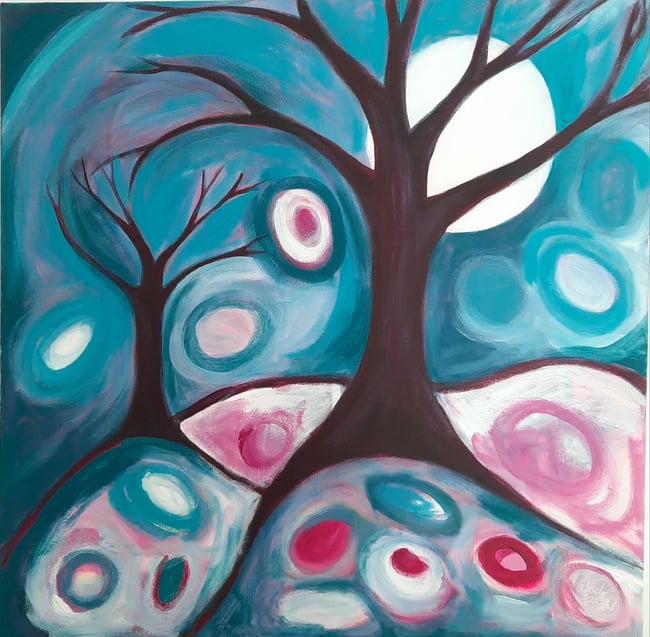 Moonlight on the fresh fallen snow. Original canvas painting