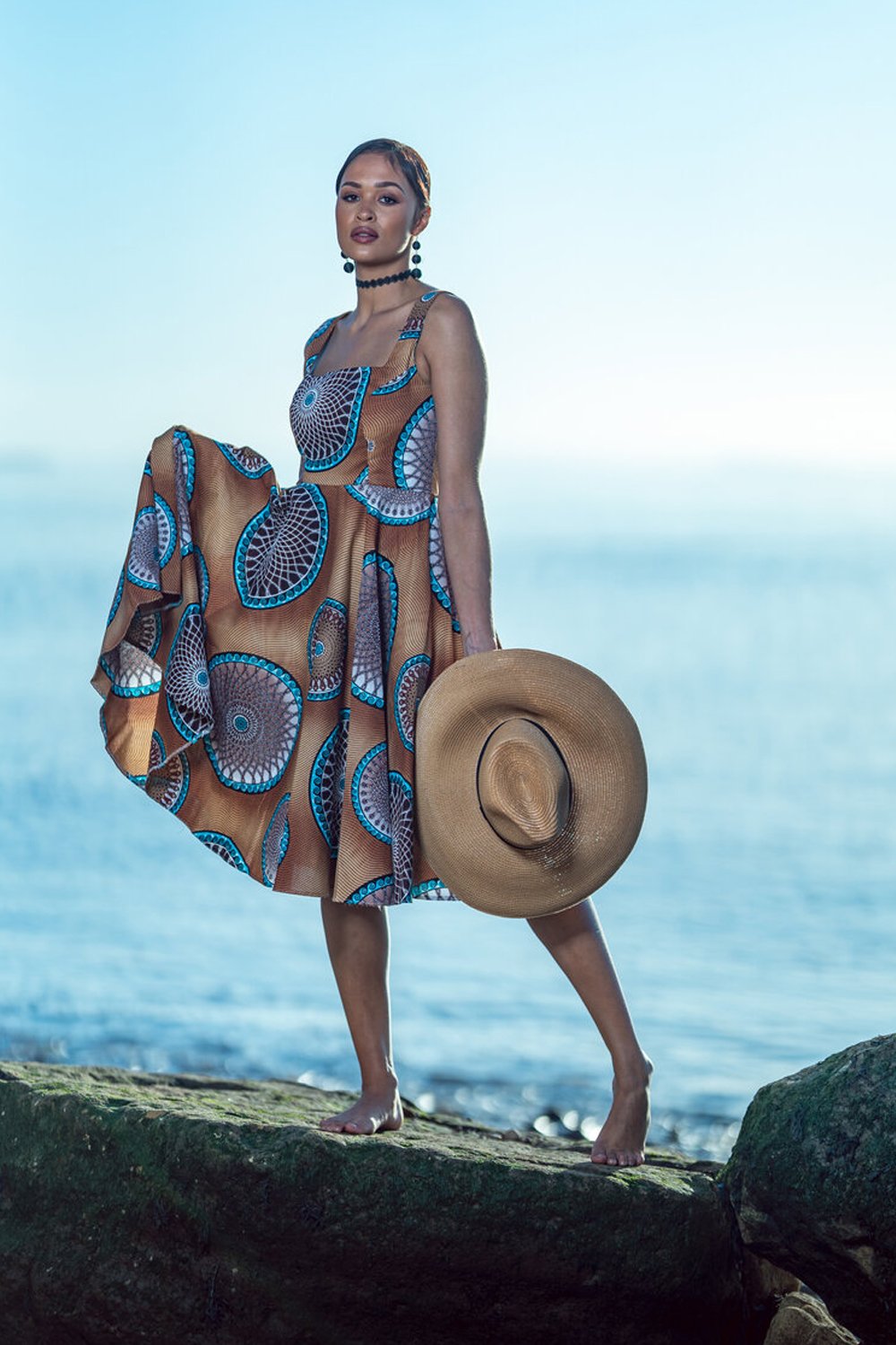 Image of Crowned Elegance Tribal Bronze Midi Dress