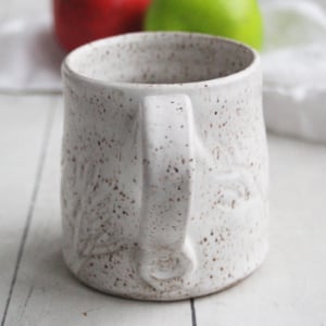 Image of Satin White Speckled Stoneware Mug, Hand Carved Floral Design, Made in USA