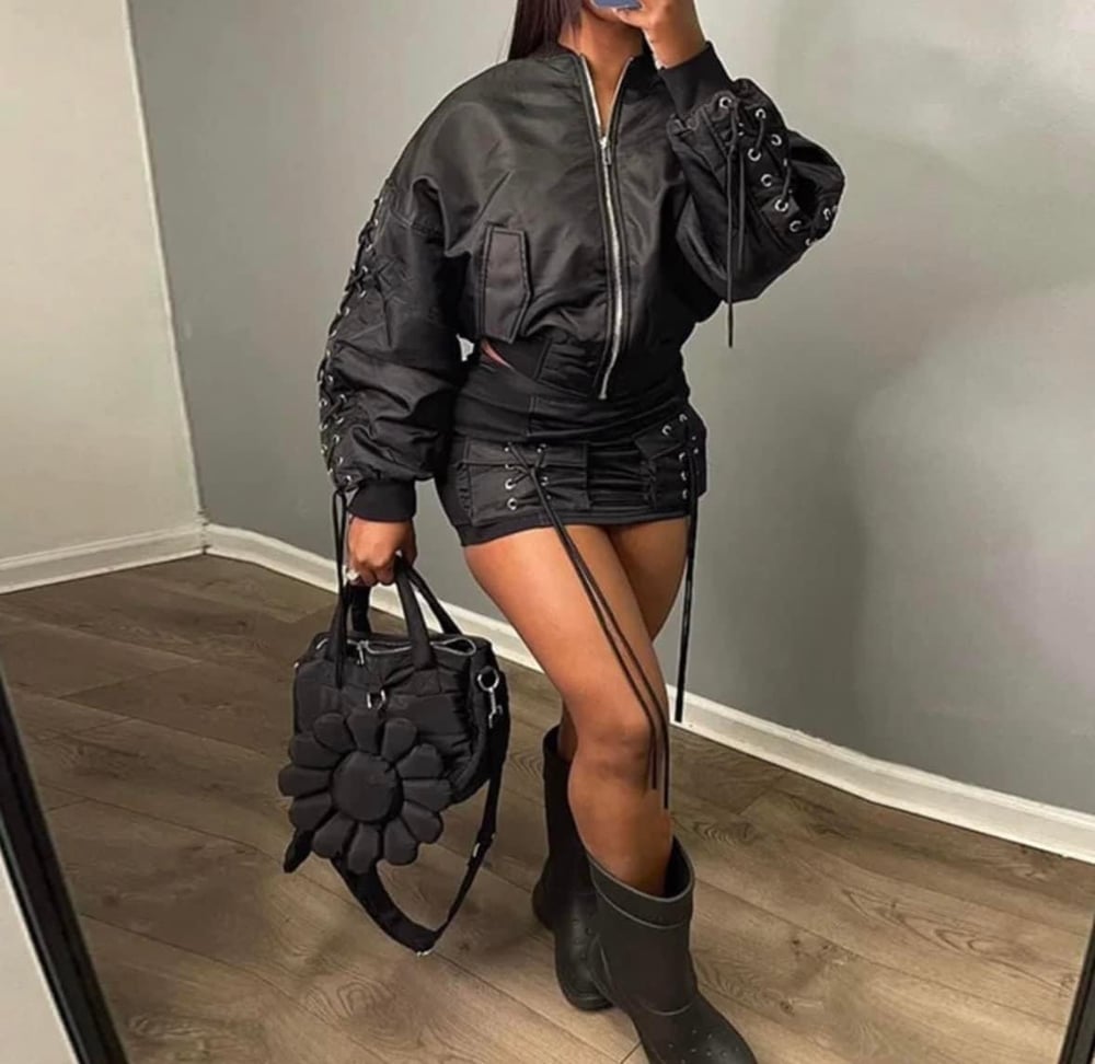 Image of Black 2 piece bomber jacket and skirt 