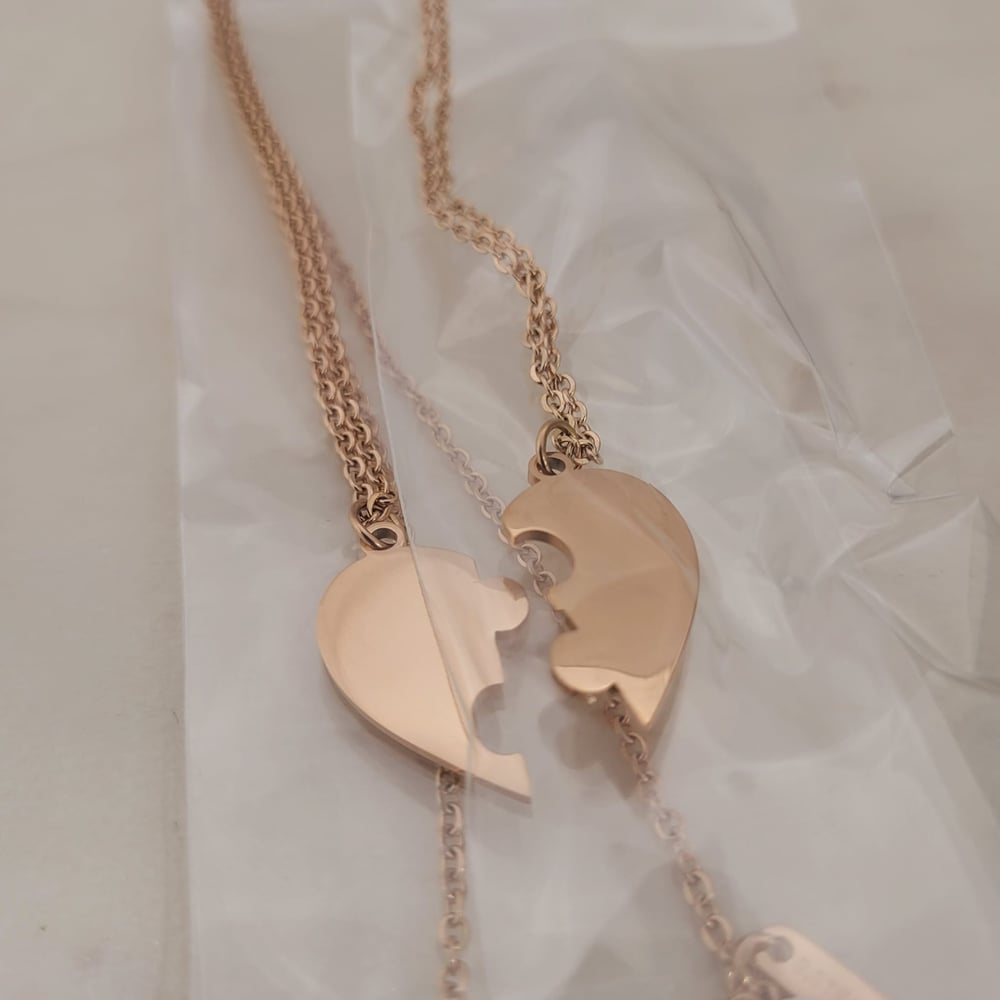 Image of Rose Gold Half Heart Puzzle Jigsaw couple Pendant Necklace Pair Pack Steel Laser Engraving Blanks