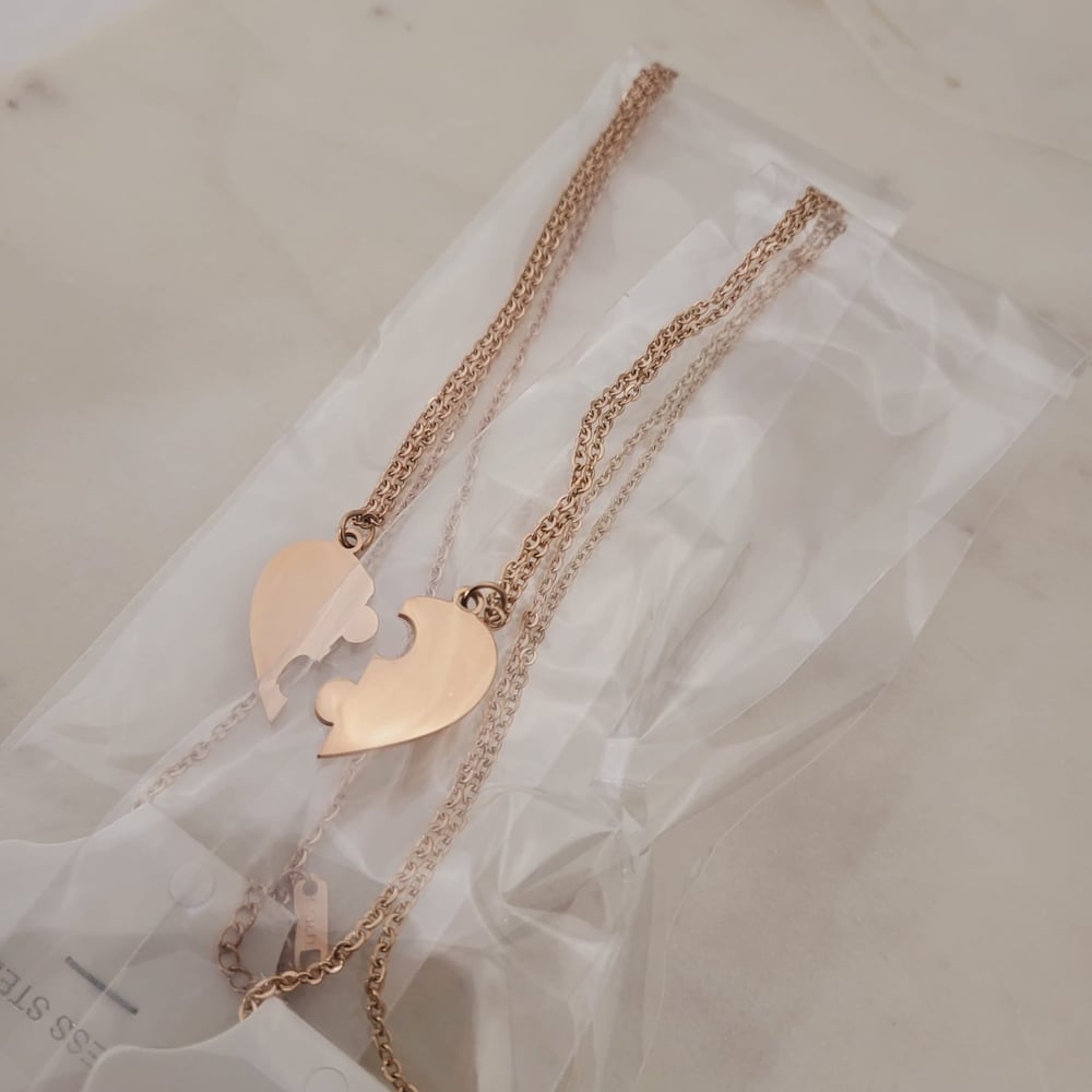 Image of Rose Gold Half Heart Puzzle Jigsaw couple Pendant Necklace Pair Pack Steel Laser Engraving Blanks