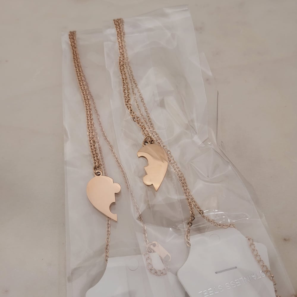 Image of Rose Gold Half Heart Puzzle Jigsaw couple Pendant Necklace Pair Pack Steel Laser Engraving Blanks
