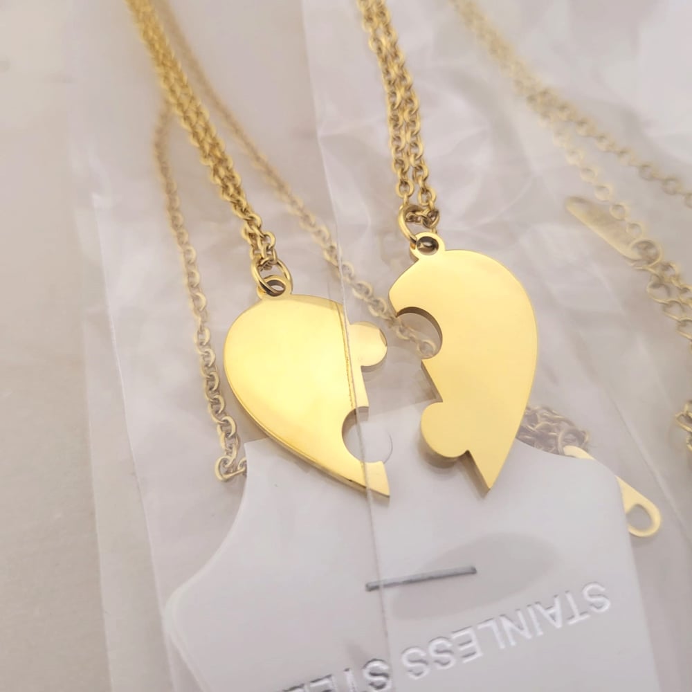 Image of Yellow Gold Heart Puzzle Jigsaw couple Pendant Necklace Pair Pack Steel Laser Engraving Blanks