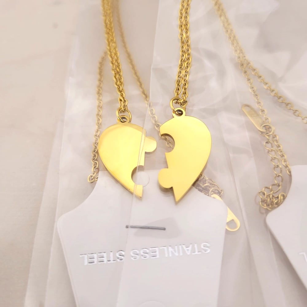 Image of Yellow Gold Heart Puzzle Jigsaw couple Pendant Necklace Pair Pack Steel Laser Engraving Blanks