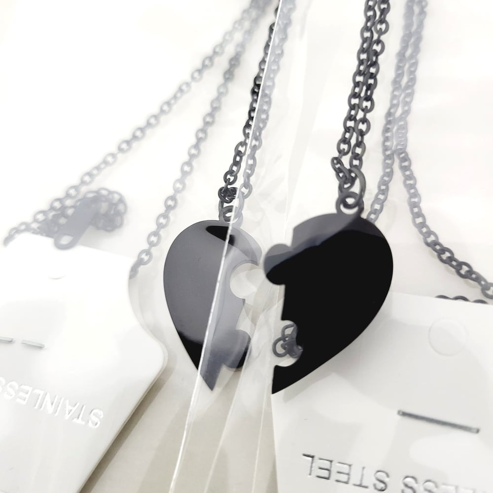 Image of Couple Heart Puzzle Jigsaw couple Pendant Necklace in Black Pair Pack Steel Laser Engraving Blanks