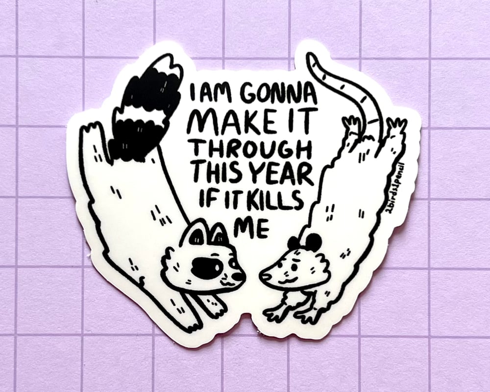 Image of Raccoon & possum falling together sticker - inspired by lyrics from the Mountain Goats