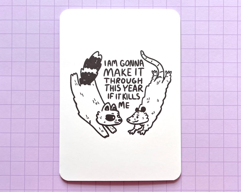 Image of Raccoon & possum falling together card - inspired by lyrics from the Mountain Goats
