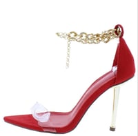 Image 1 of RED & GOLD CHAIN ANKLE STRAP OPEN TOED HEELS