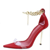 Image 2 of RED & GOLD CHAIN ANKLE STRAP OPEN TOED HEELS