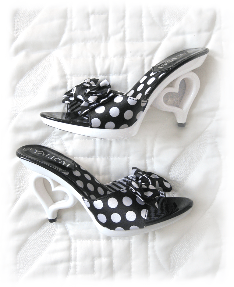 Polka dot heart shaped heels mules
