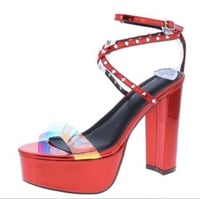 Image 1 of CHASE + CHLOE - RED HOLOGRAPHIC SPIKED PLATFORM HEELS
