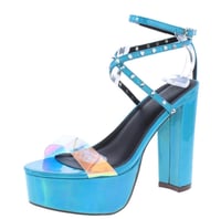Image 2 of CHASE + CHLOE - BLUE HOLOGRAPHIC SPIKED PLATFORM HEELS