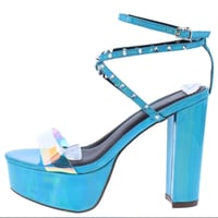 Image 1 of CHASE + CHLOE - BLUE HOLOGRAPHIC SPIKED PLATFORM HEELS