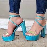 Image 4 of CHASE + CHLOE - BLUE HOLOGRAPHIC SPIKED PLATFORM HEELS
