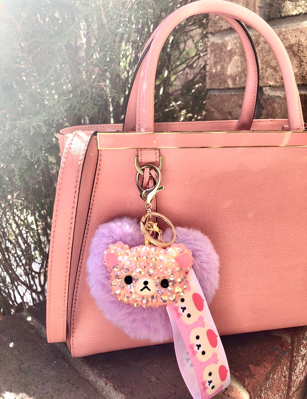 Kawaii Bear purple heart pompom keychain