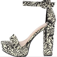 Image 1 of BLACK DAMASK OPEN TOE ANKLE STRAP PLATFORM  HEEL