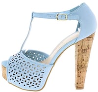 Image 1 of POWDER BLUE NUBUCK CUT OUT T STRAP CORK PLATFORM HEEL