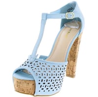 Image 2 of POWDER BLUE NUBUCK CUT OUT T STRAP CORK PLATFORM HEEL