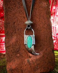Image 1 of WL&A Handmade Broken Arrow Turquoise Thunderbird Double Sided Black Bear Claw Pendant 