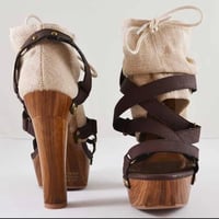 Image 3 of BEIGE DRAWSTRING STRAPPY WOOD PLATFORM HEELS
