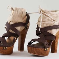 Image 2 of BEIGE DRAWSTRING STRAPPY WOOD PLATFORM HEELS