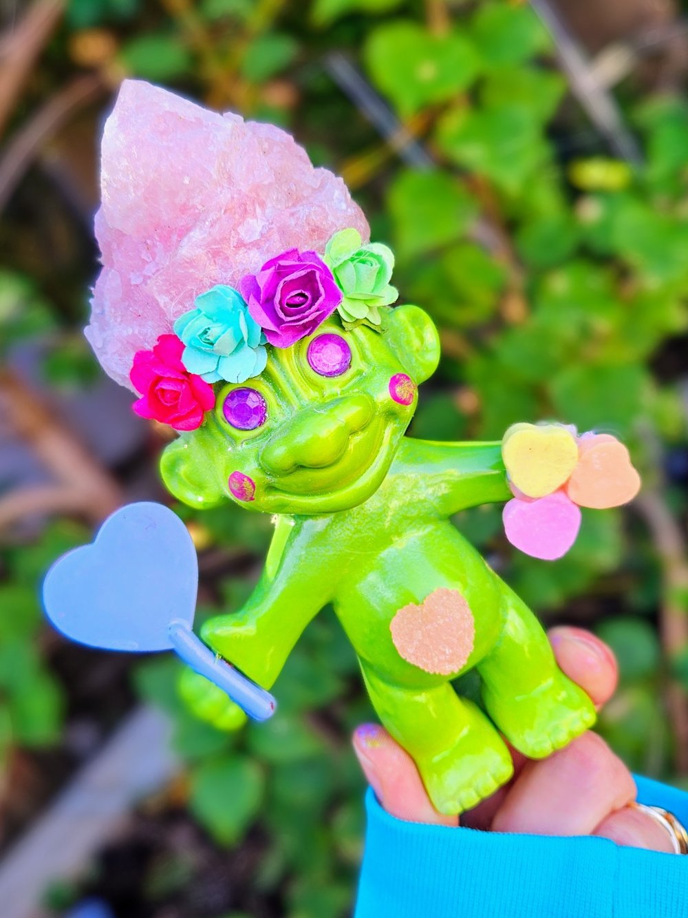 Rose Quartz Candy Heart Troll with Blue Personalized Candy Heart MSG 6"