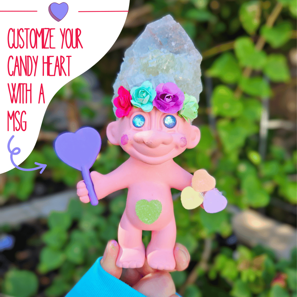  Green Calcite Candy Heart Troll with Purple Personalized Candy Heart MSG 6"