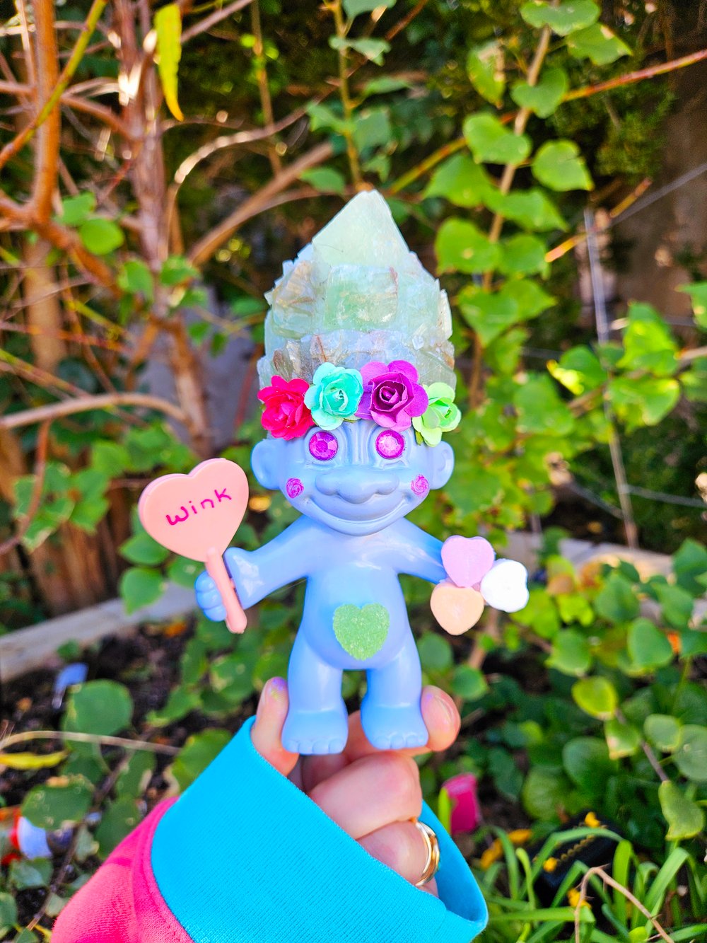 Green Calcite Candy Heart Troll with Pink Personalized Candy Heart MSG 6"