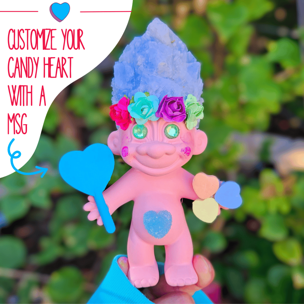 Blue Calcite Candy Heart Troll with Blue Personalized Candy Heart MSG 6"