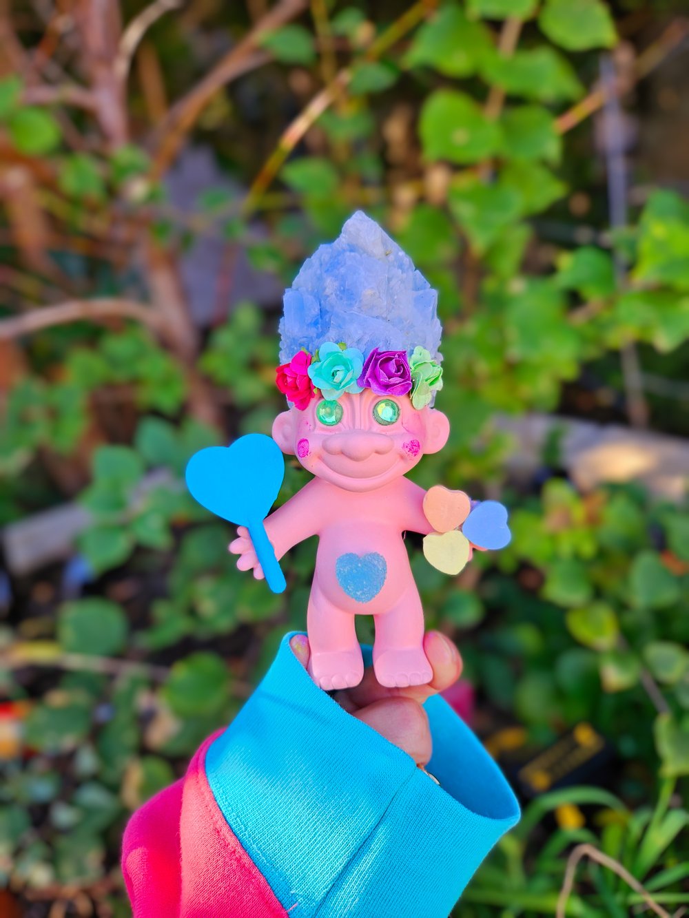 Blue Calcite Candy Heart Troll with Blue Personalized Candy Heart MSG 6"