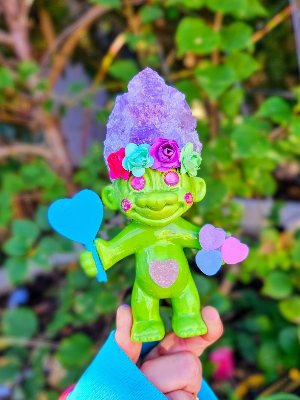 Amethyst Candy Heart Troll with Blue Personalized Candy Heart MSG 6"